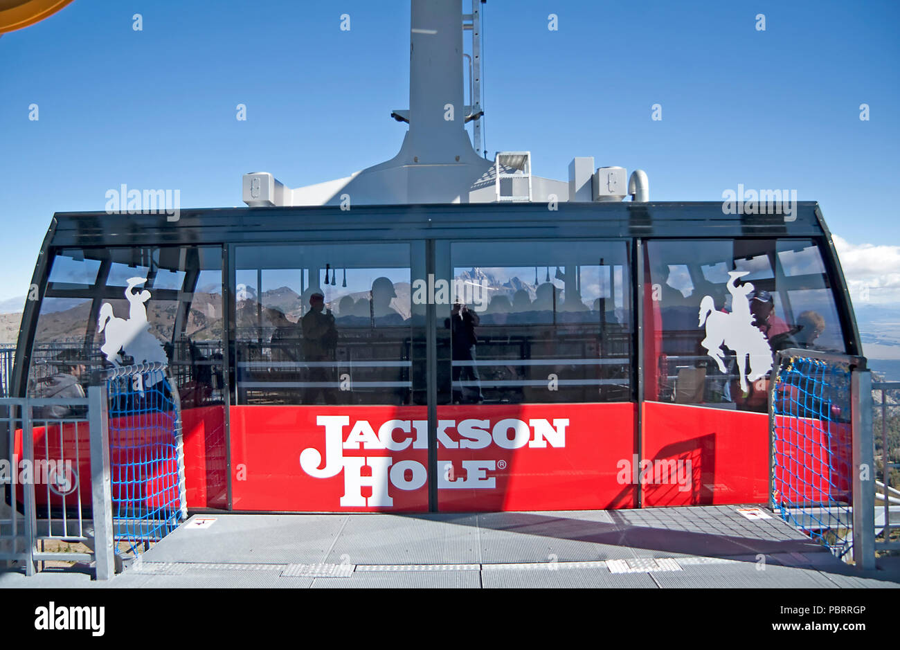 A view of the Jackson Hole Aerial Tram, or 'Big Red' as it's  also known, taken at the top of Rendezvous Mountain. What a view! With the wind that Sep Stock Photo