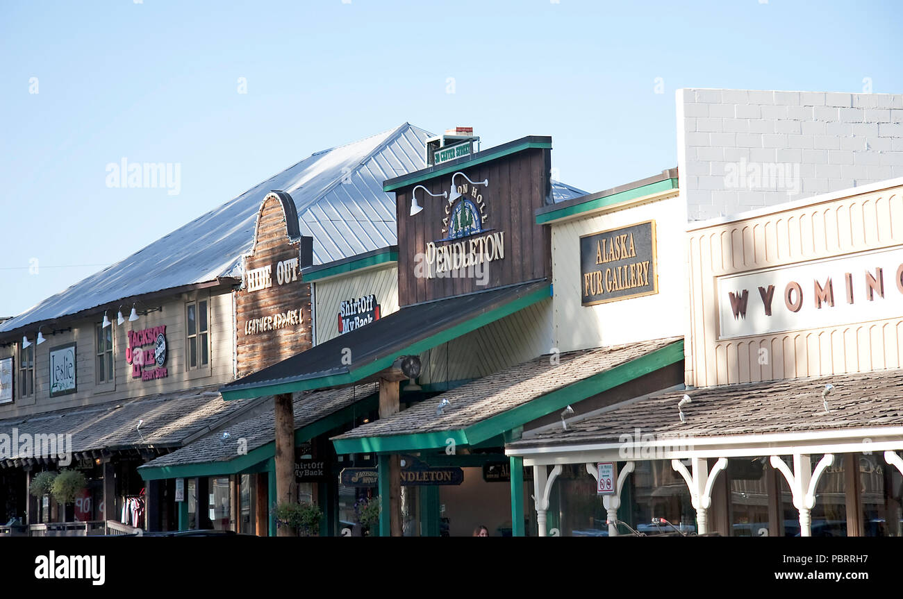 Jackson Hole, Wyoming, USA is not only a town with the flavor of the 'old west', but a town that caters to its' tourists. Here, an upward angled shot  Stock Photo