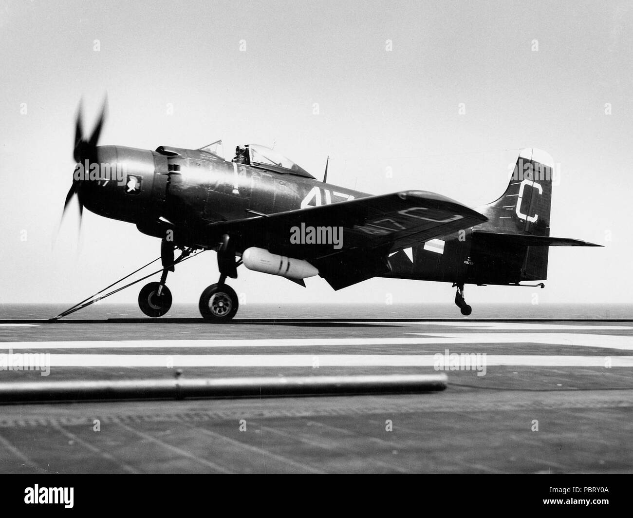 AD-1 Skyraider of VA-64 is launched from USS Coral Sea (CVB-43) on 14 September 1948 (NNAM.1996.253.933). Stock Photo