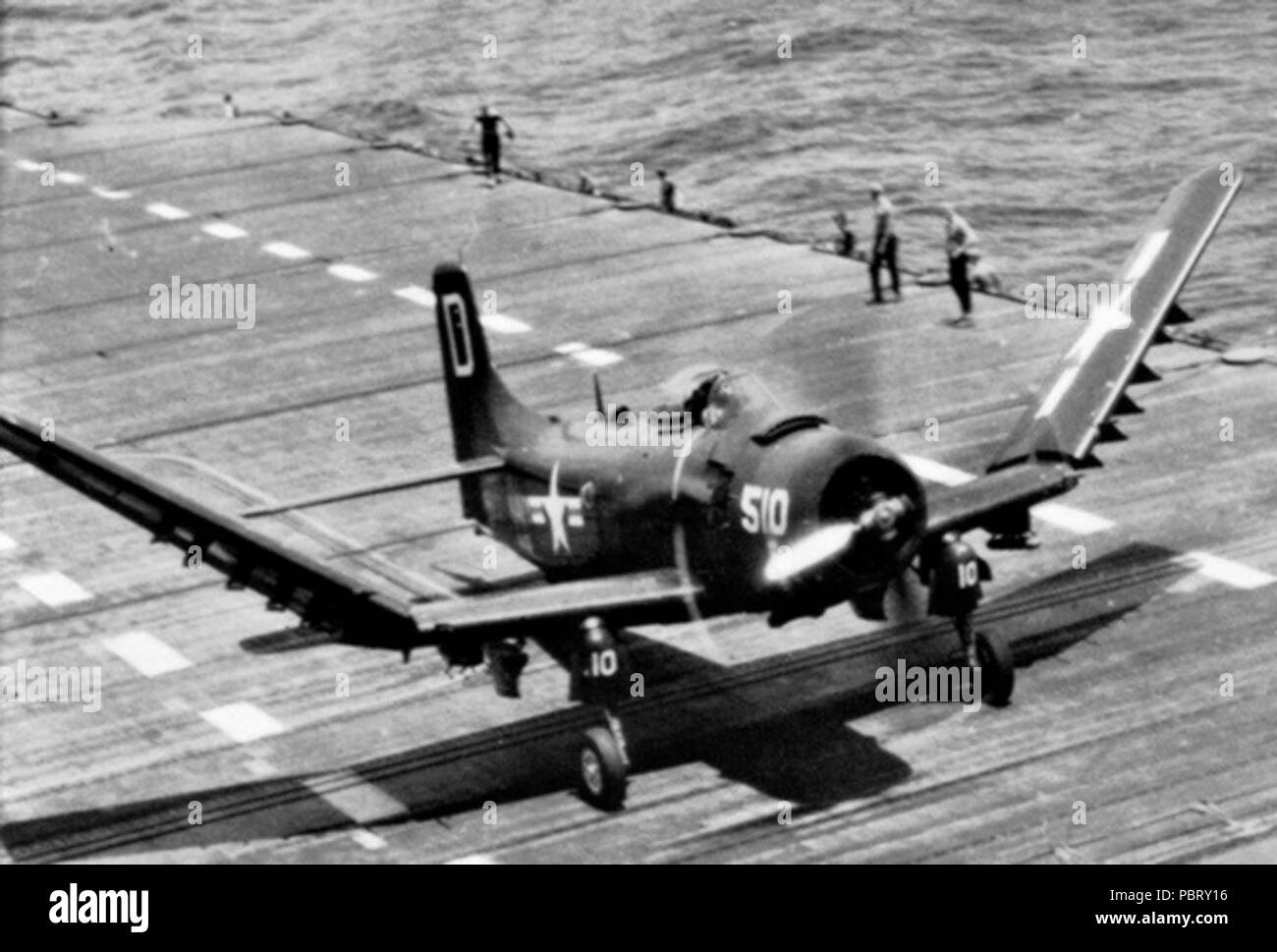 AD-4 from VA-125 folding wings on USS Boxer (CVA-21) 1954. Stock Photo