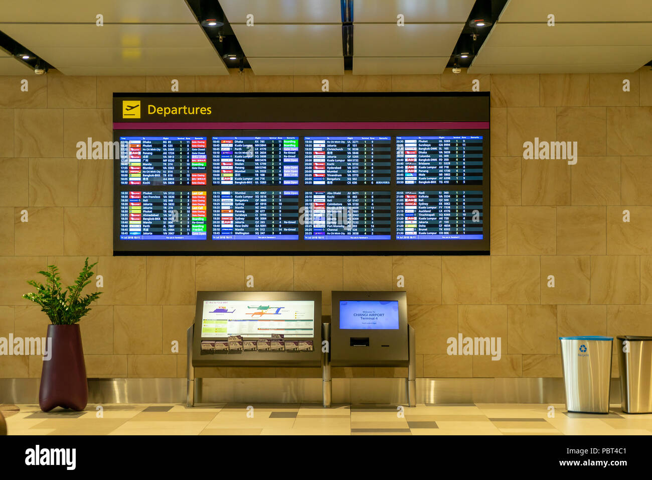 Singapore - July 14, 2018: Departure Board in Changi Airport. Departure Hall Singapore. It has 4 passenger terminals, and it is one of the largest tra Stock Photo