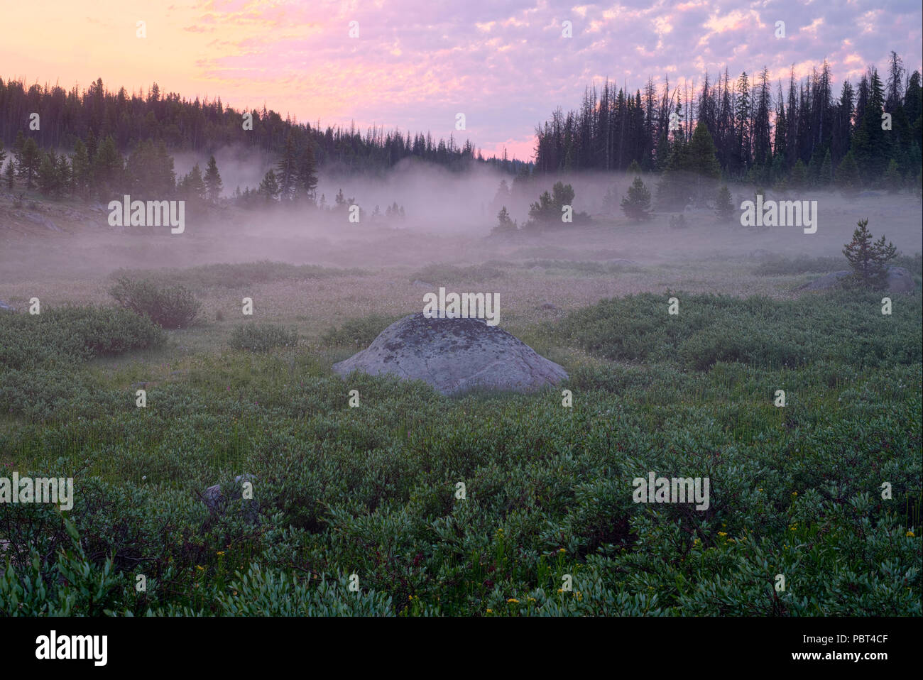 Misty Sunrise in the Beartooth Mountains of Wyoming Stock Photo