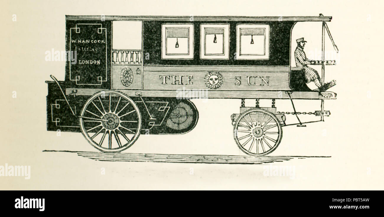 This illustration dates to the 1870s and shows Hancock's Steam Omnibus. At the time and for years , locomotive engines were used to propell carriages such as this one, known as The Sun. Another was The Enterprise Steam Omnibus.  It was designed by Walter Hancock in Stafford, England, and eight toten of these were in use between 1824 and 1842. This lithograph first appeared in 1833. Stock Photo