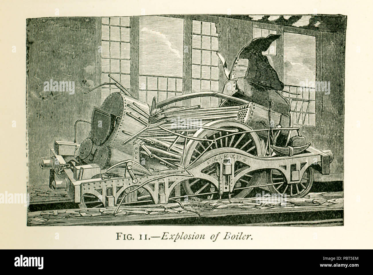 This illustration dates to the 1870s and shows an explosion of a boiler, which, considering the time period and the numer of engines in constant use, a very rare occurence. Most likely, in all cases, the explosions are due to the sudden generation of a large quantity of steam and not to an excessive pressure produced gradually.When an explosion occurs, the enormous force of the agent we are dealing with when w bottle up stam in an iron vessel, is shown by the effects produced. This illustration is from a photo taken from an exploded locomotive. You can see how the thick lates of iron have been Stock Photo