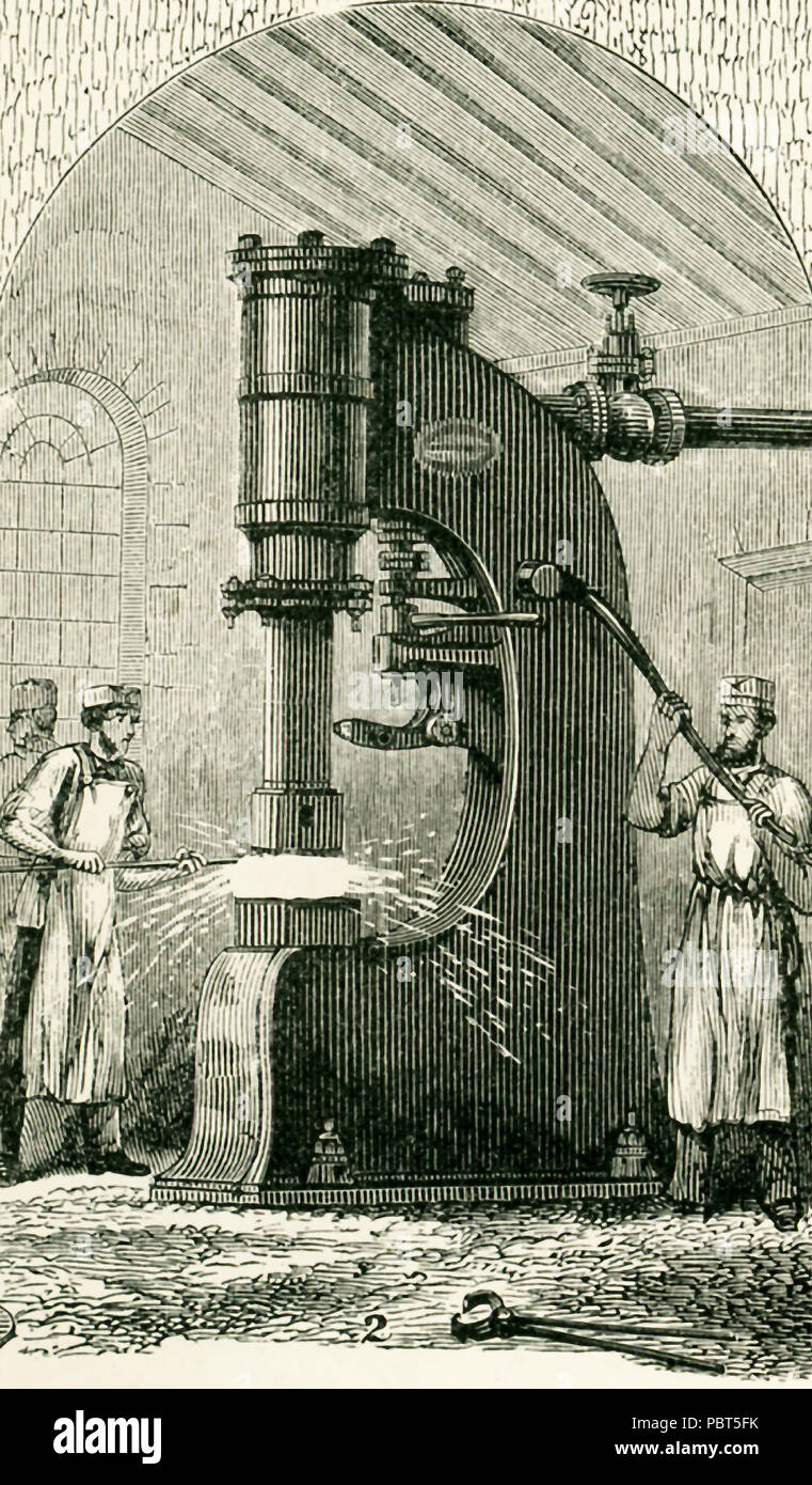 This illustration dates to the 1870s and shows Nasmyth's Steam Hammer. James Nasmyth was a Scottish engineer who gained fame for his development of the steam hammer. He was co-founder of Nasmyth, Gaskell and Company manufacturers of machine tools. With the steam hammer, the steam is admitted below the piston, which is thus raised to any required height within the limits of the stroke. When the communication with the boiler is shut off and the steam below the piston is allowed to escape, the piston, with the mass of ironforming the hammer attached to the piston-rod, falls by its own weight. Thi Stock Photo