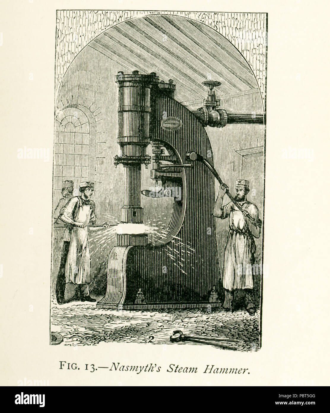 This illustration dates to the 1870s and shows Nasmyth's Steam Hammer. James Nasmyth was a Scottish engineer who gained fame for his development of the steam hammer. He was co-founder of Nasmyth, Gaskell and Company manufacturers of machine tools. With the steam hammer, the steam is admitted below the piston, which is thus raised to any required height within the limits of the stroke. When the communication with the boiler is shut off and the steam below the piston is allowed to escape, the piston, with the mass of ironforming the hammer attached to the piston-rod, falls by its own weight. Thi Stock Photo