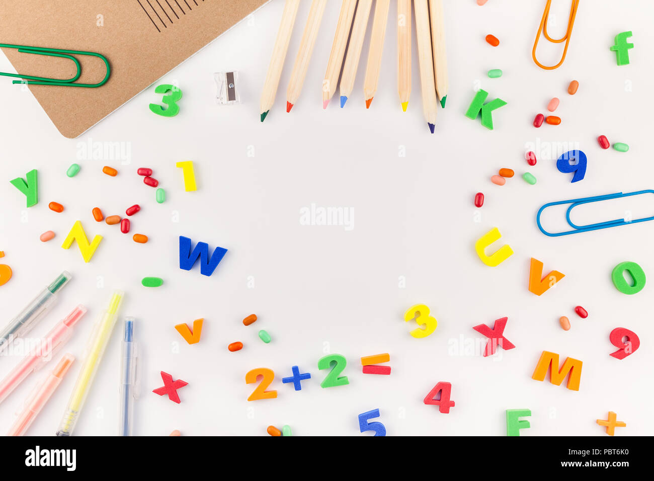 Creative flat lay back to school concept with color school and office ...