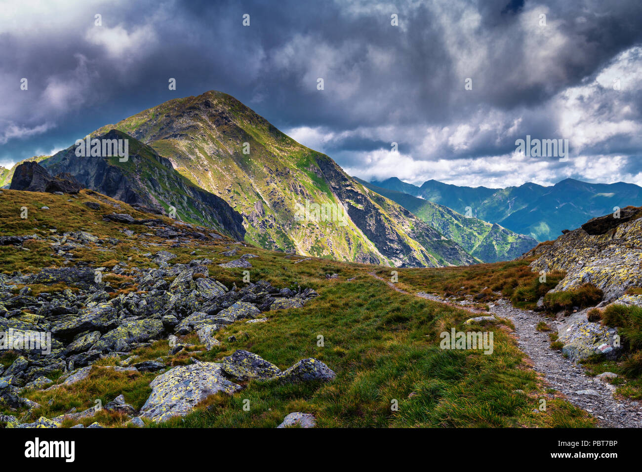 Alpine landscape with hiking trail going on the mountain in the mist ...
