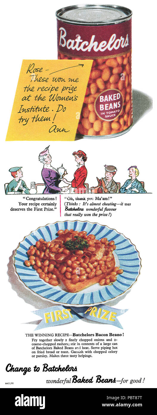 1954 British advertisement for Batchelors Baked Beans. Stock Photo