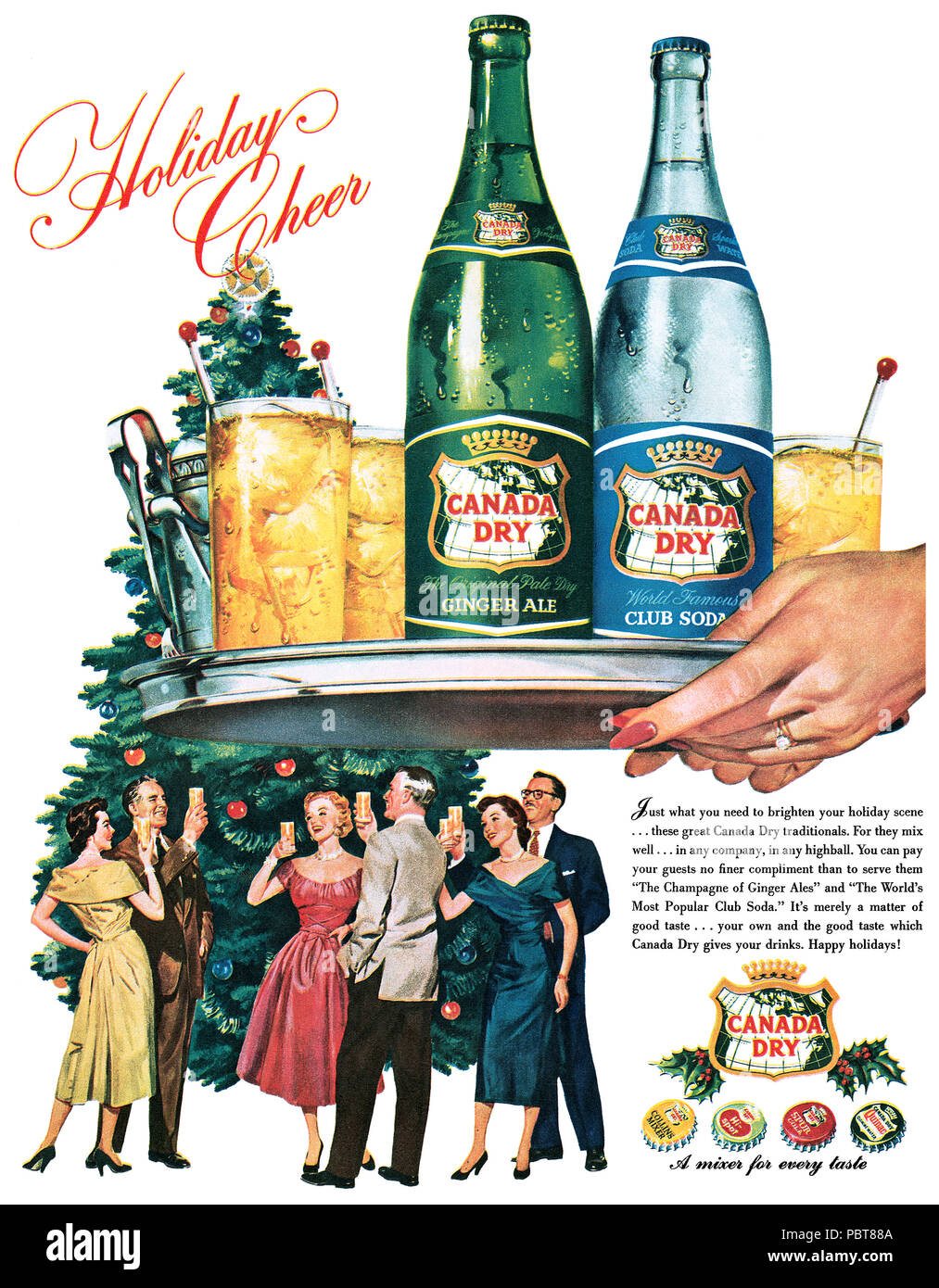 1954 U.S. Christmas advertisement for Canada Dry ginger ale and club soda. Stock Photo