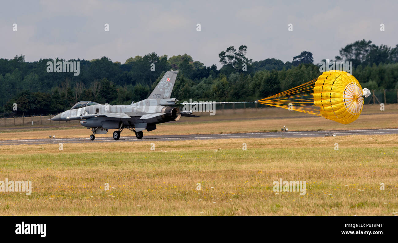 F-16C Fighting Falcon, Polish Air Force, Tiger, Parachute deployed on landing Stock Photo