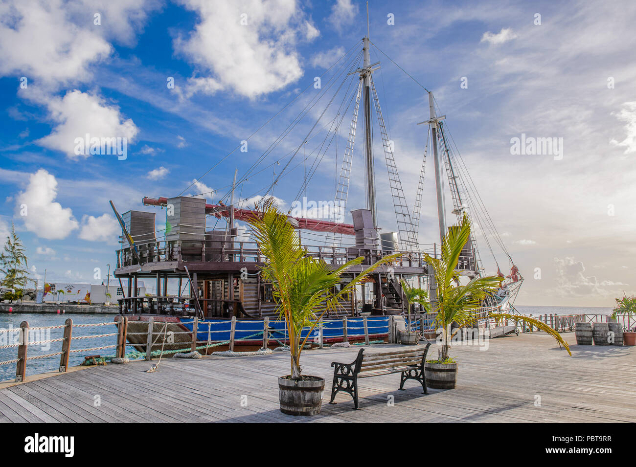 Ship at the Port of Bridgetown, Barbados. Historic Bridgetown and its Garrison is a World Heritage Site of UNESCO. Stock Photo