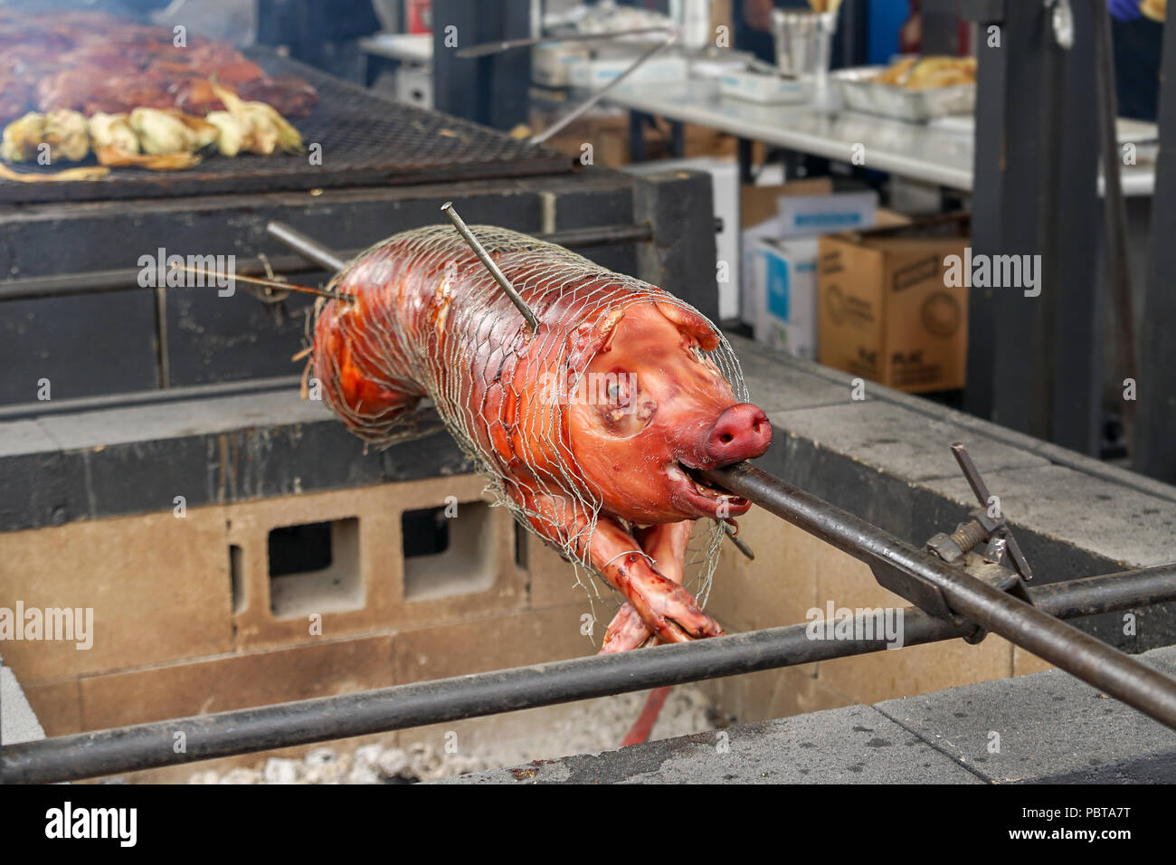 BBQ Hog on spit pig barbeque Stock Photo Alamy