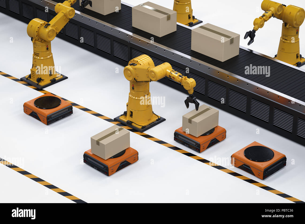 Automation factory concept with 3d rendering robot arm with warehouse robot and conveyor belt Stock Photo