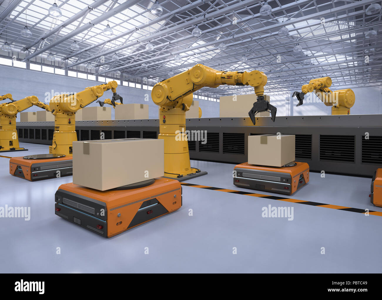Automation factory concept with 3d rendering robot arm with warehouse robot  and conveyor belt Stock Photo - Alamy