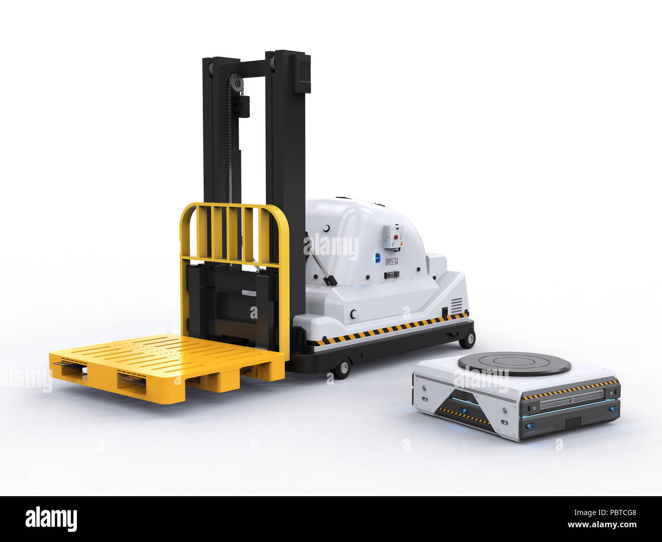 3d rendering automatic forklift with warehouse robot in factory Stock ...