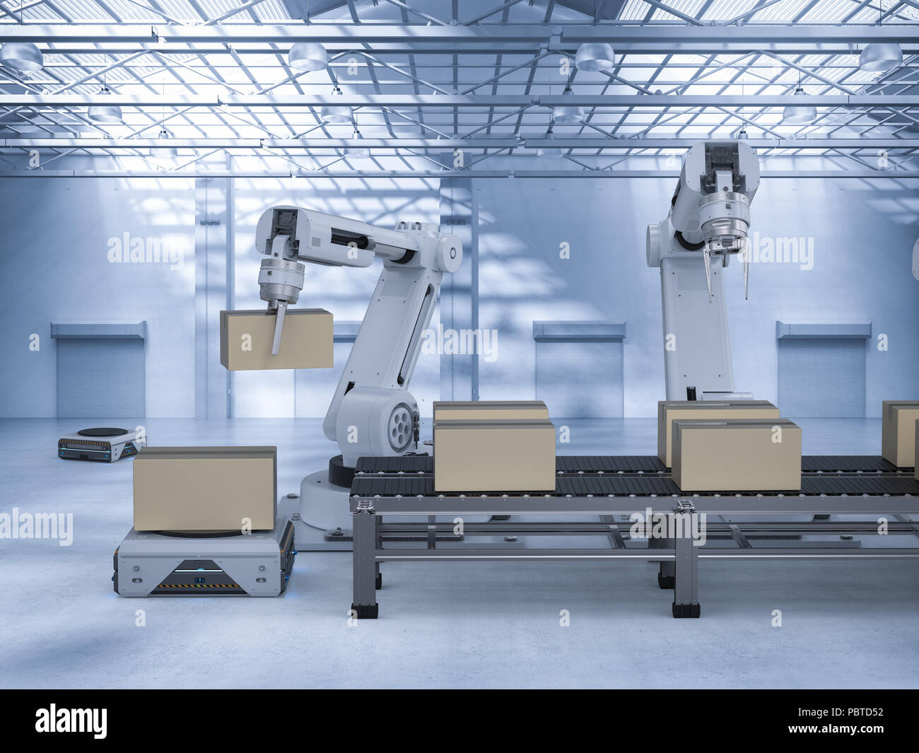 Automation factory concept with 3d rendering robot arm with warehouse ...