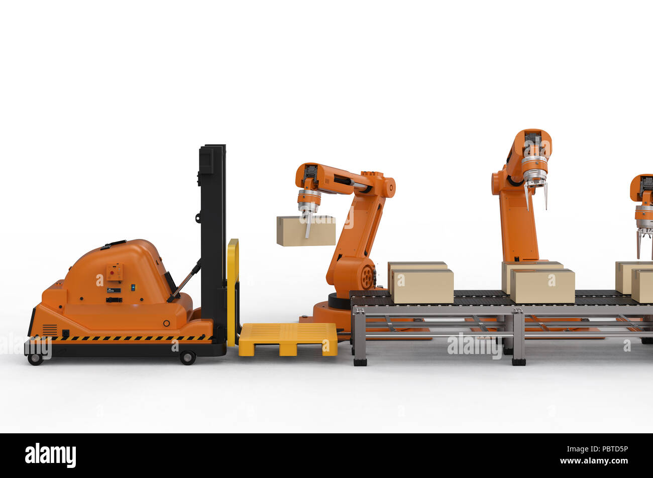 Automatic warehouse concept with 3d rendering robot arm with forklift ...