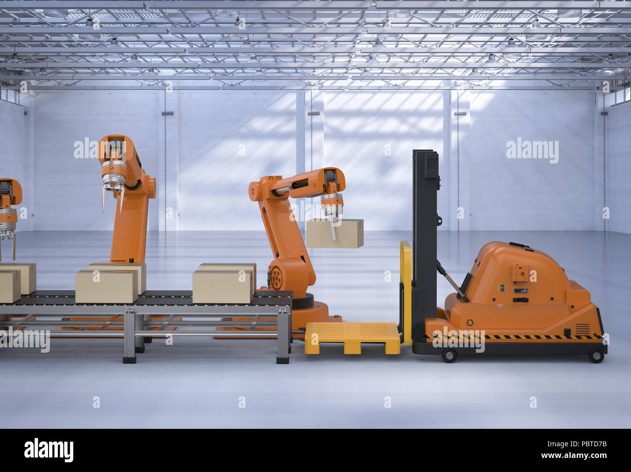 Automatic warehouse concept with 3d rendering robot arm with forklift ...