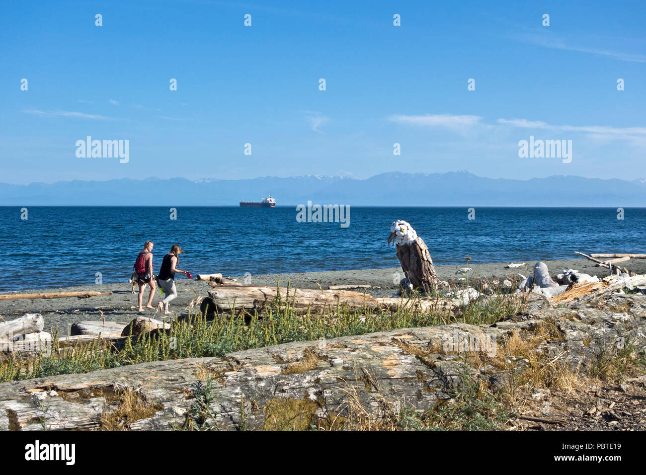 Beach in Colwood, BC, Canada.  Beach art and people walking dog.  Blue ocean on a summer day. Vancouver Island British Columbia Stock Photo