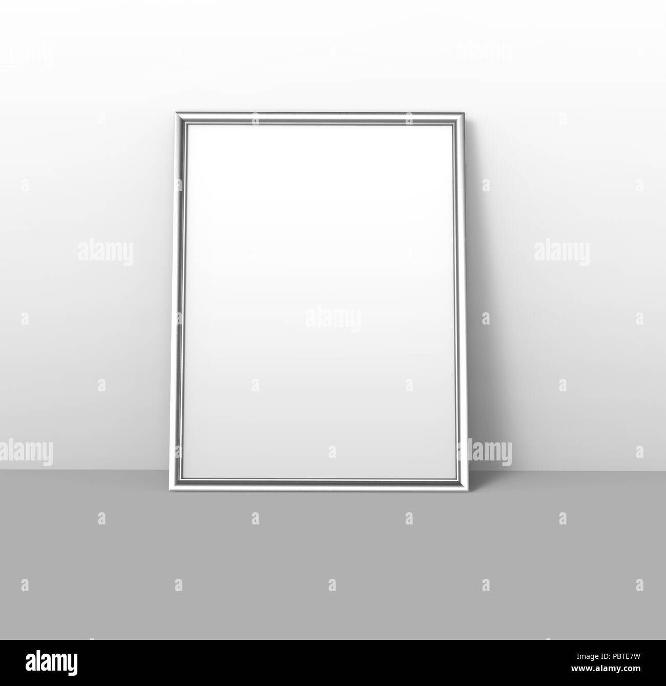 Glossy silver color photo frame with blank copy space leaning on the wall in 3d rendering Stock Photo