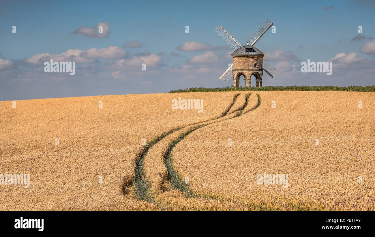 A windmill in the summer sunshine. Located on top of a hill and surrounded by wheat. Tractors left wheel marks in the field leading up to the mill Stock Photo