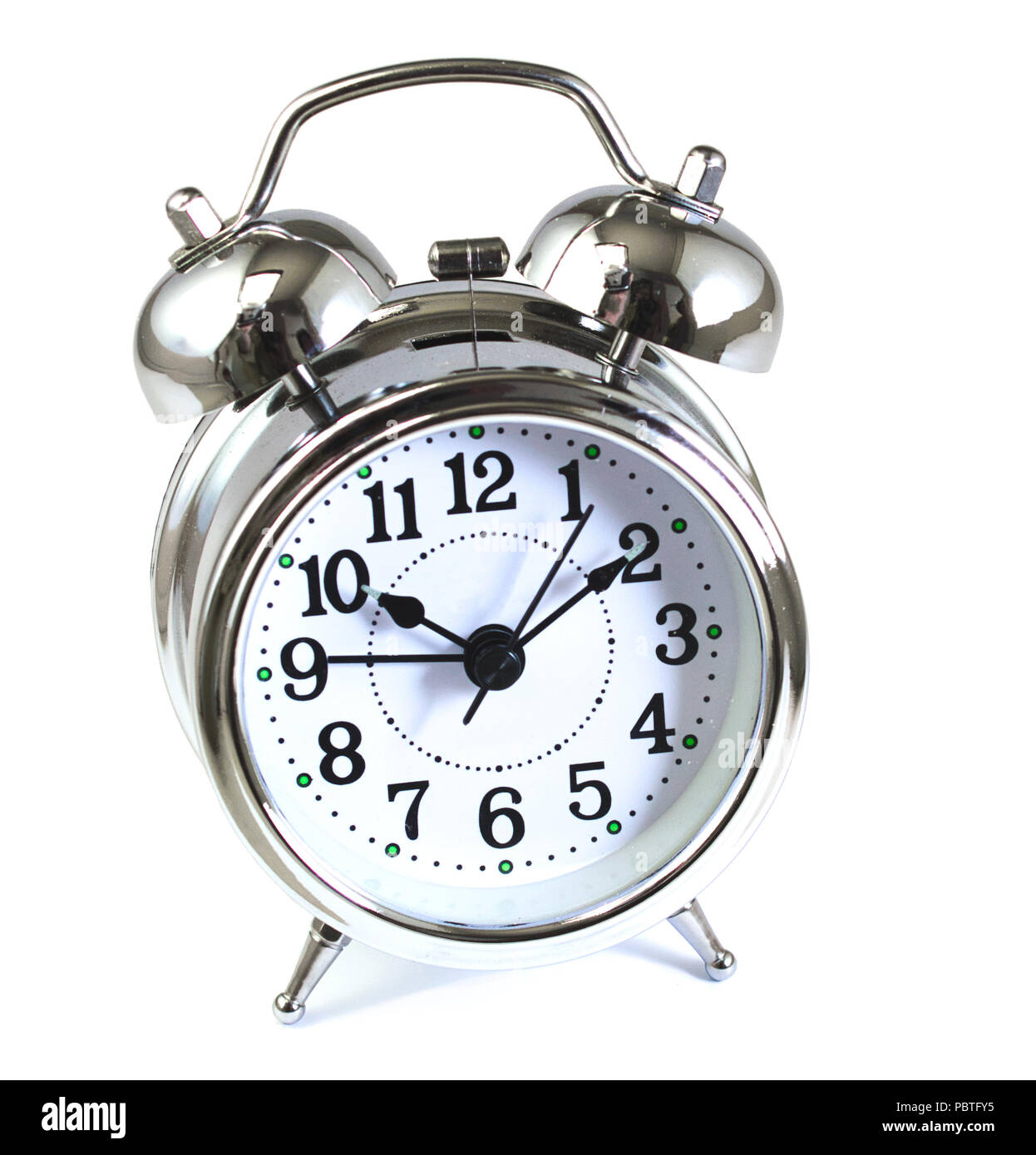 Classic retro style alarm clock with bells and hammer isolated against