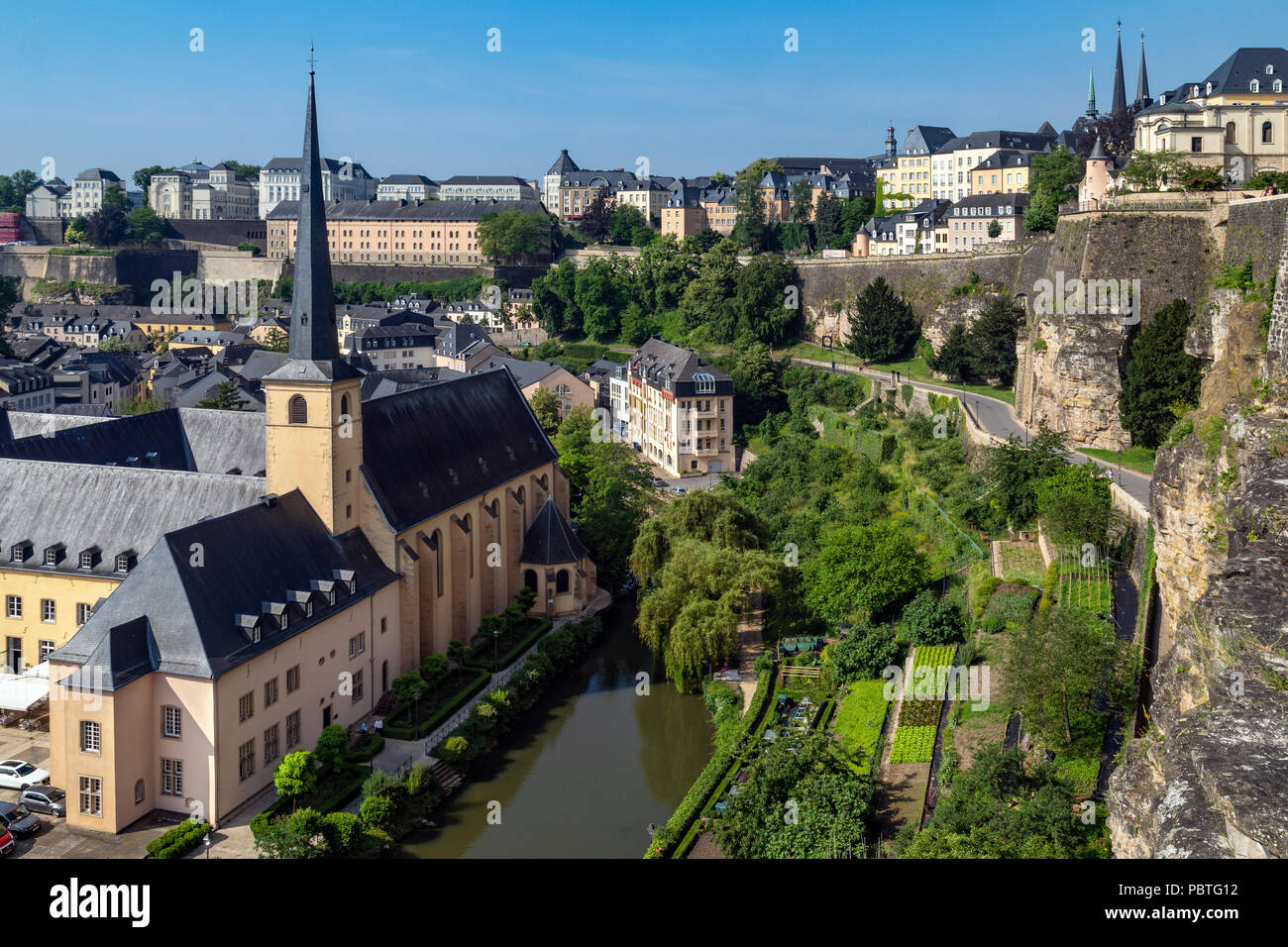 Luxembourg City - Ville de Luxembourg. The walls of the old town viewed from the Grund area of the city. Stock Photo