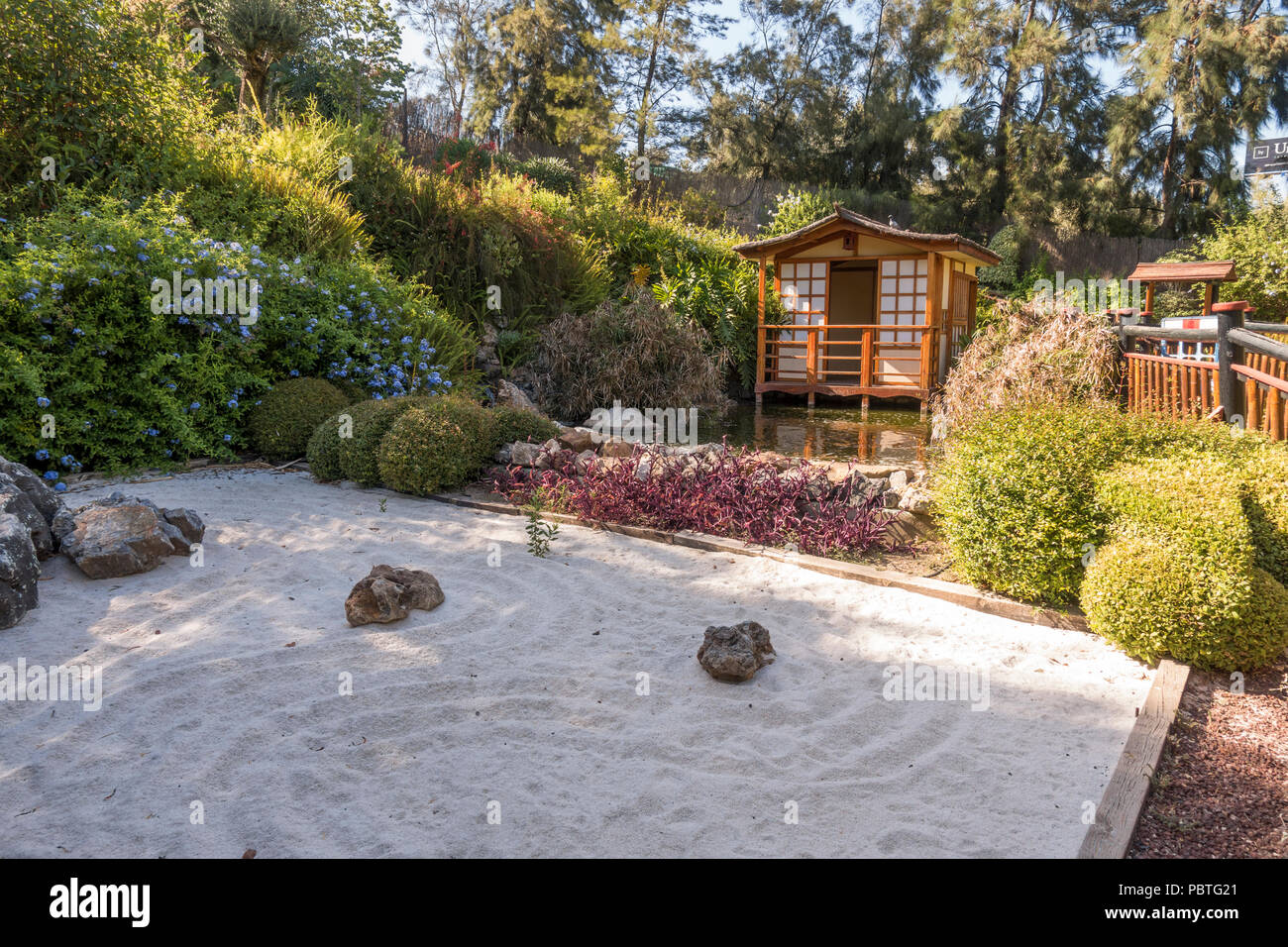 Japanese Zen garden at Botanical garden, Molino de Inca, Torremolinos, Andalusia, Spain. Stock Photo