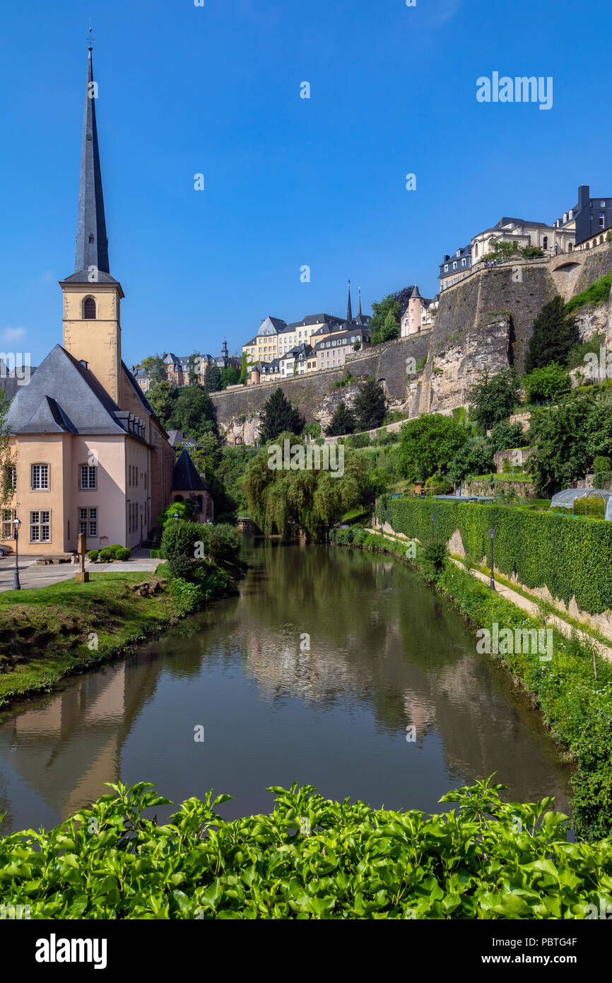 Luxembourg City - Ville de Luxembourg. The walls of the old town viewed from the Grund area of the city. Stock Photo