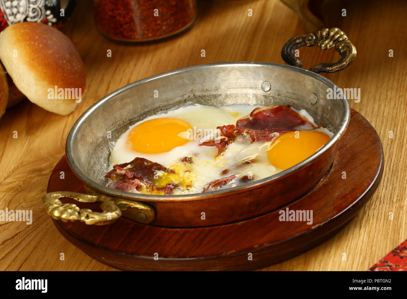 Turkish Breakfast Fried Egg with Pastirma or Pastrami Stock Photo