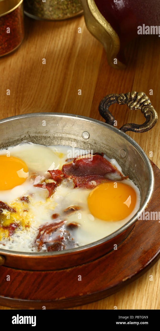 Turkish Breakfast Fried Egg with Pastirma or Pastrami Stock Photo