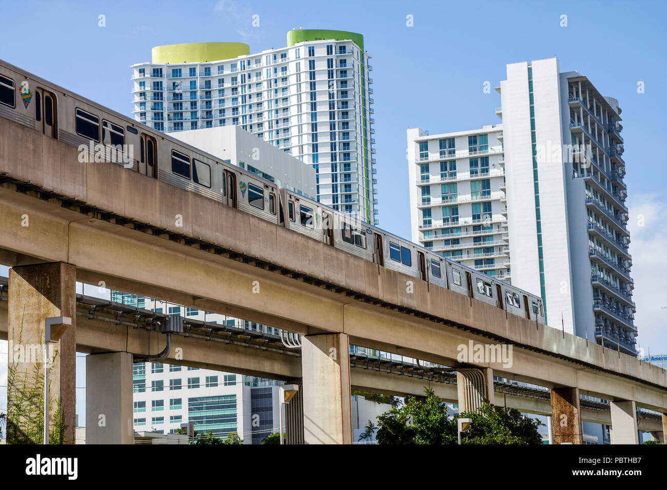 Florida, FL, South, Miami, Brickell Area, Metrorail, buildings, city skyline cityscape, high rise rises skyscraper skyscrapers tall building buildings Stock Photo