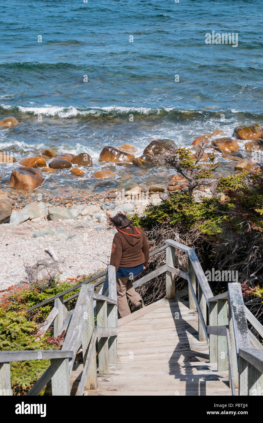 Women descending steps to beach at Martin's Point on Newfoundland Northern Peninsula. Stock Photo