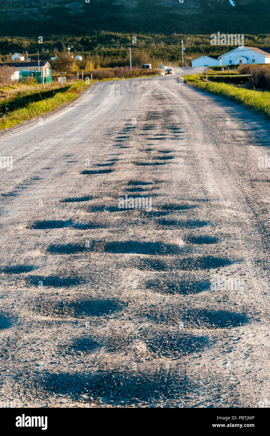 A pot-holed unpaved road in Labrador, Canada Stock Photo