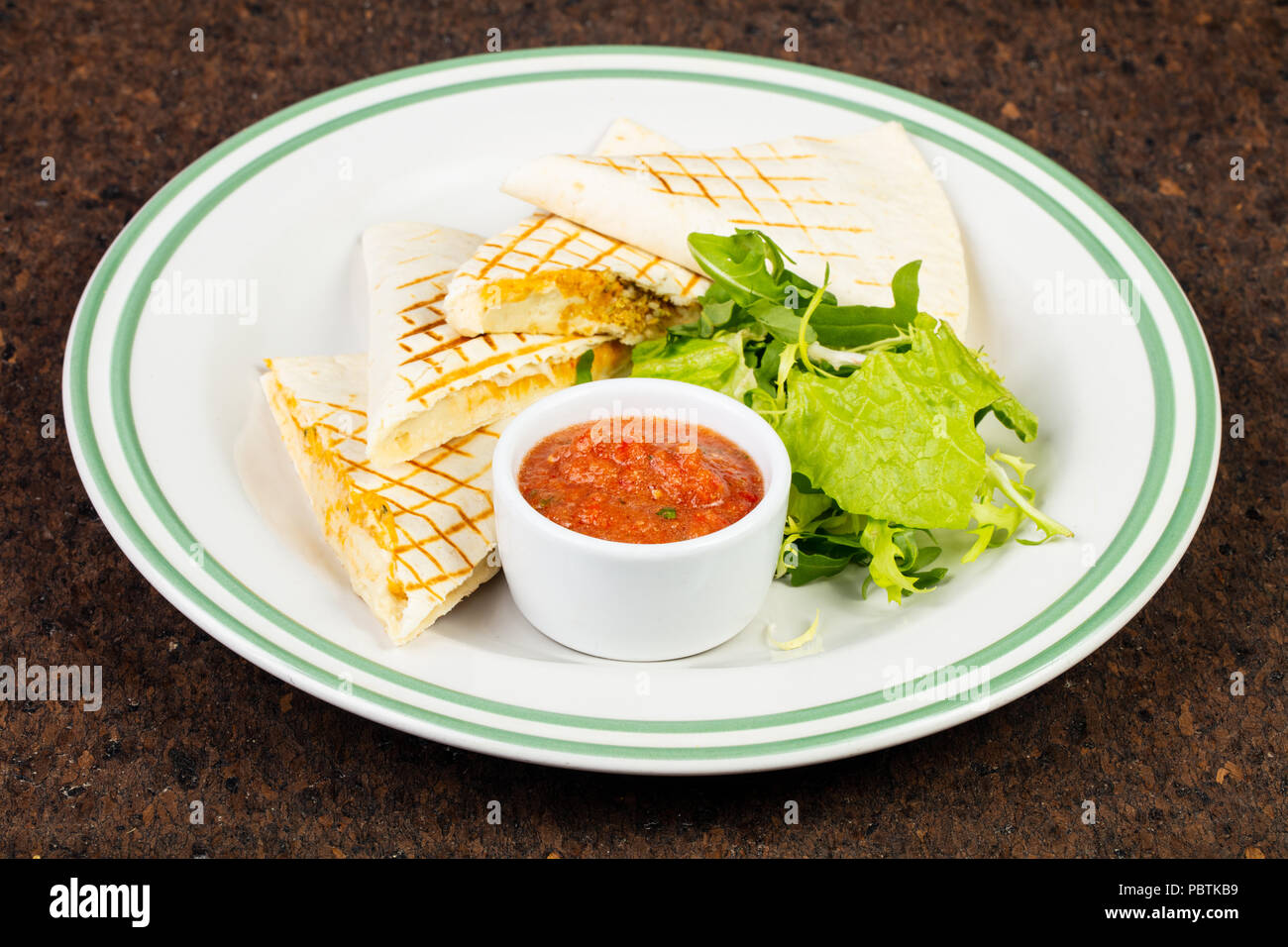 Delicious quesadilla pita with chili sauce Stock Photo Alamy