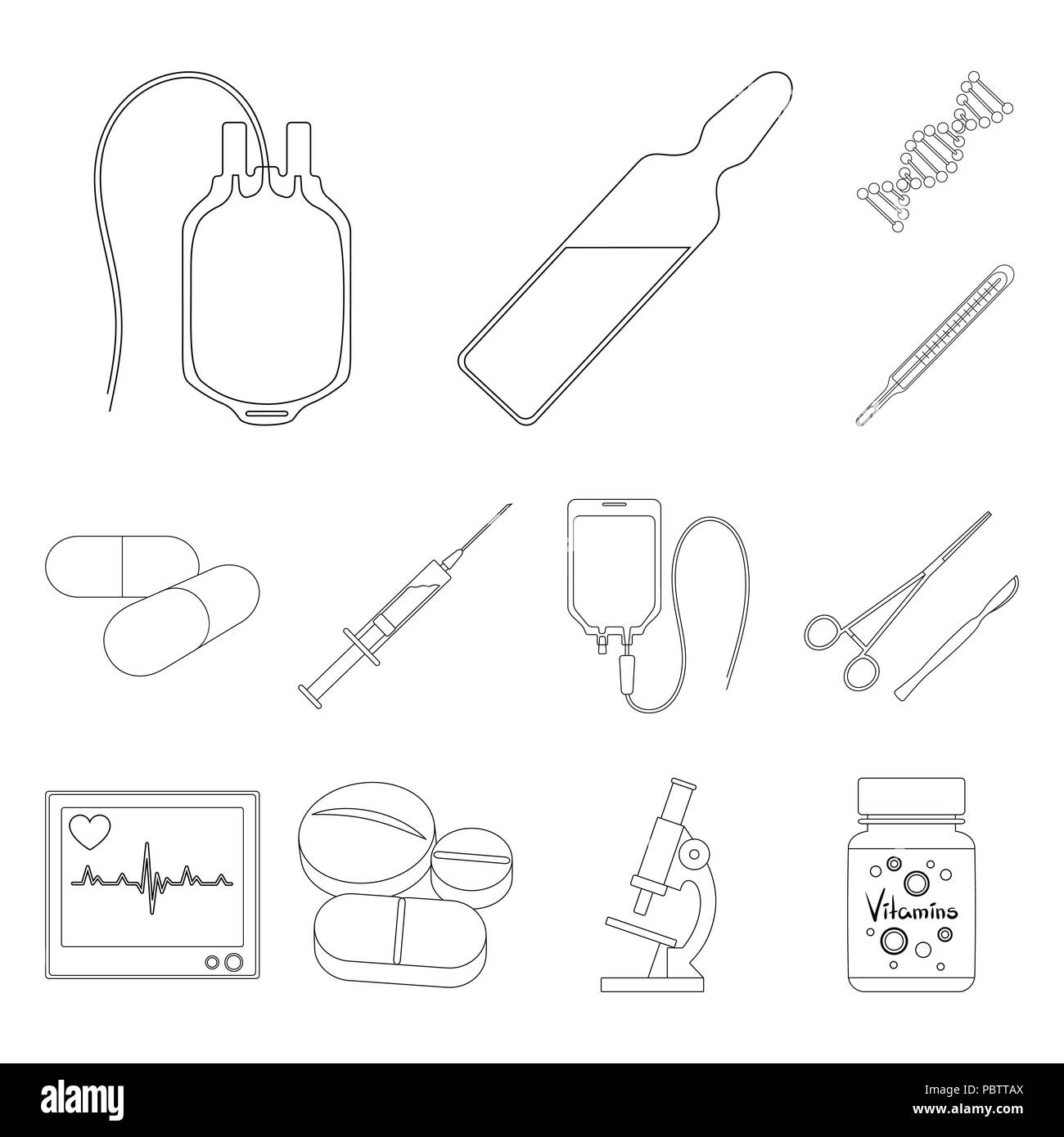 Medicine and treatment outline icons in set collection for design ...