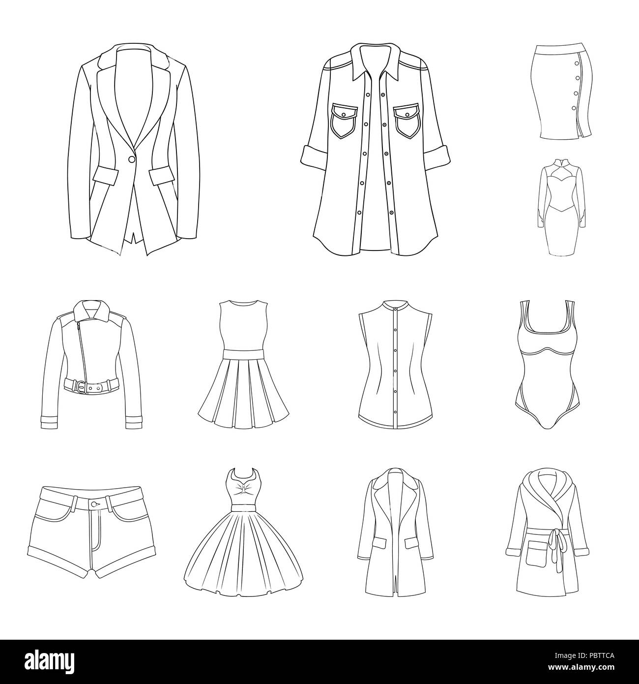 Women Clothing outline icons in set collection for design.Clothing Varieties and Accessories vector symbol stock illustration. Stock Vector