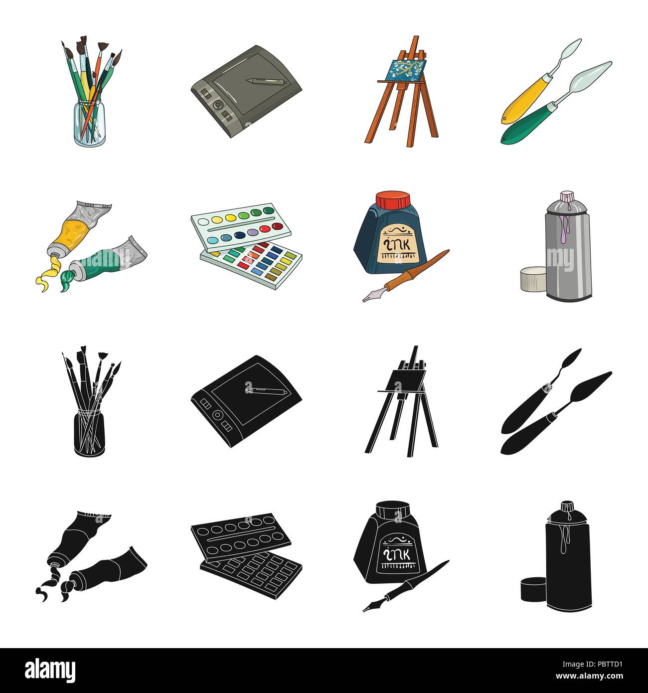 Balonchik paints, tubes with paint, watercolor in a box, ink in a bottle  and a pen.Artist and drawing set collection icons in black,cartoon style  vect Stock Vector Image & Art - Alamy