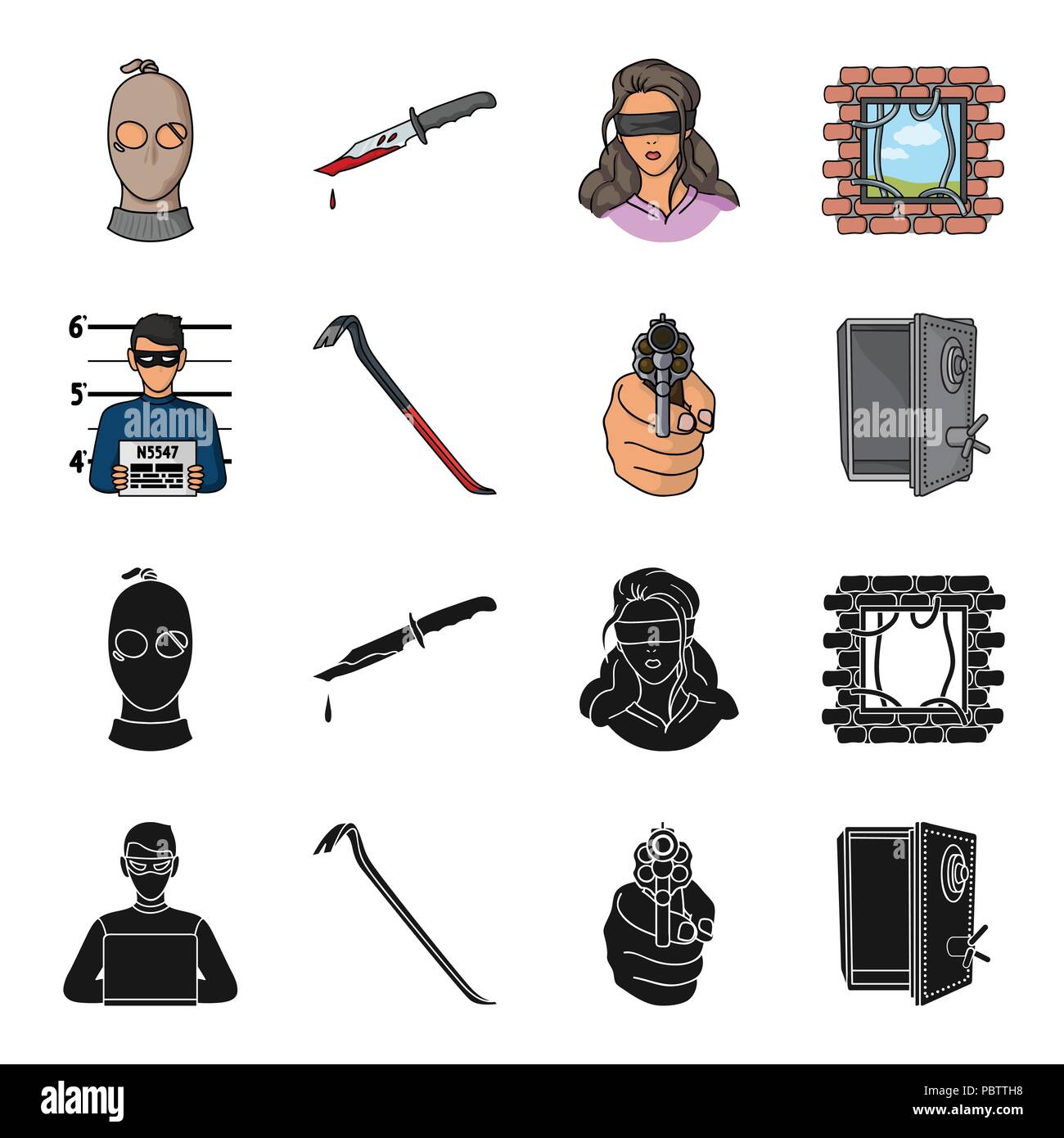 Photo of criminal, scrap, open safe, directional gun.Crime set collection icons in black,cartoon style vector symbol stock illustration . Stock Vector