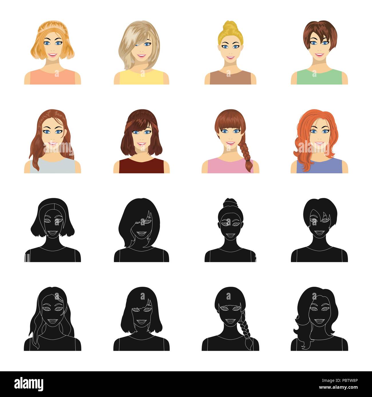 Types Of Female Hairstyles Black Cartoon Icons In Set Collection