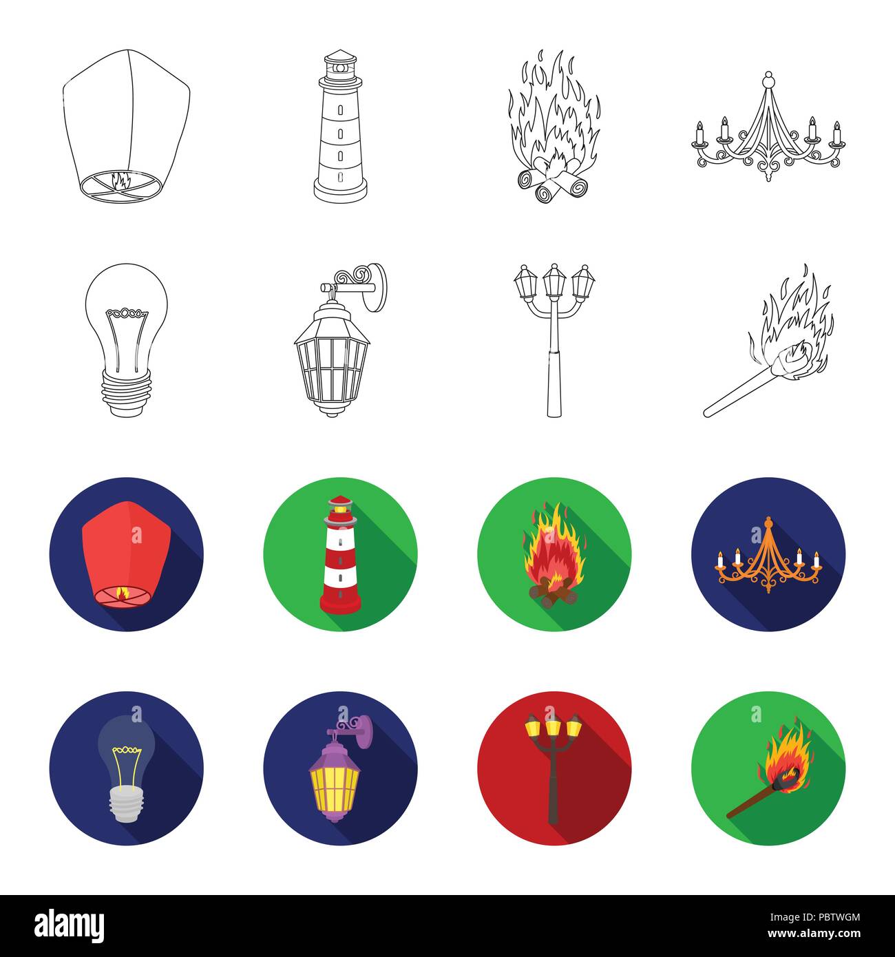 LED light, street lamp, match.Light source set collection icons in ...