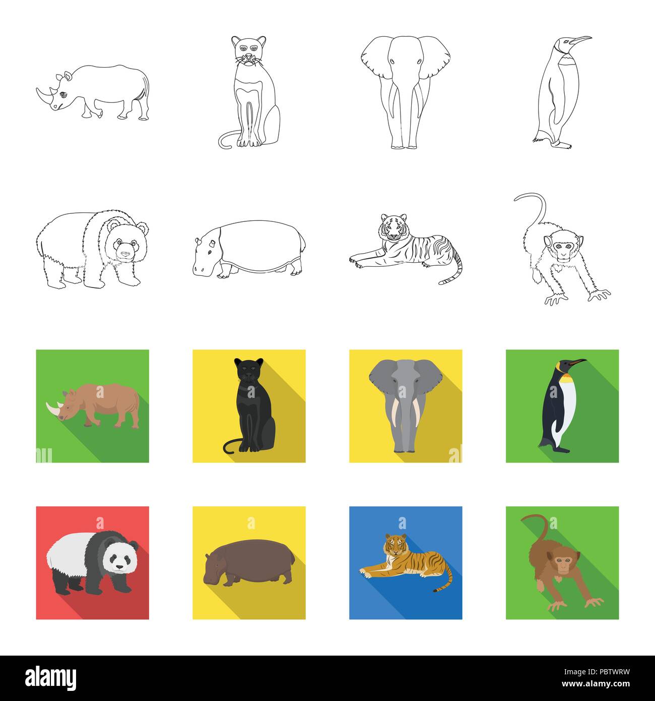 Bamboo bear, hippopotamus, wild animal tiger, monkey . Wild animal set collection icons in outline,flet style vector symbol stock illustration . Stock Vector