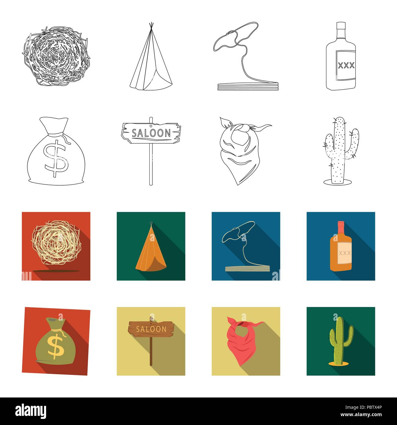 Bag of money, saloon, cowboy kerchief, cactus. Wild west set collection icons in outline,flet style vector symbol stock illustration . Stock Vector