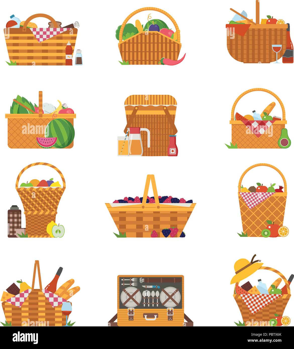 Wicker Picnic Baskets And Hampers Icons Stock Illustration