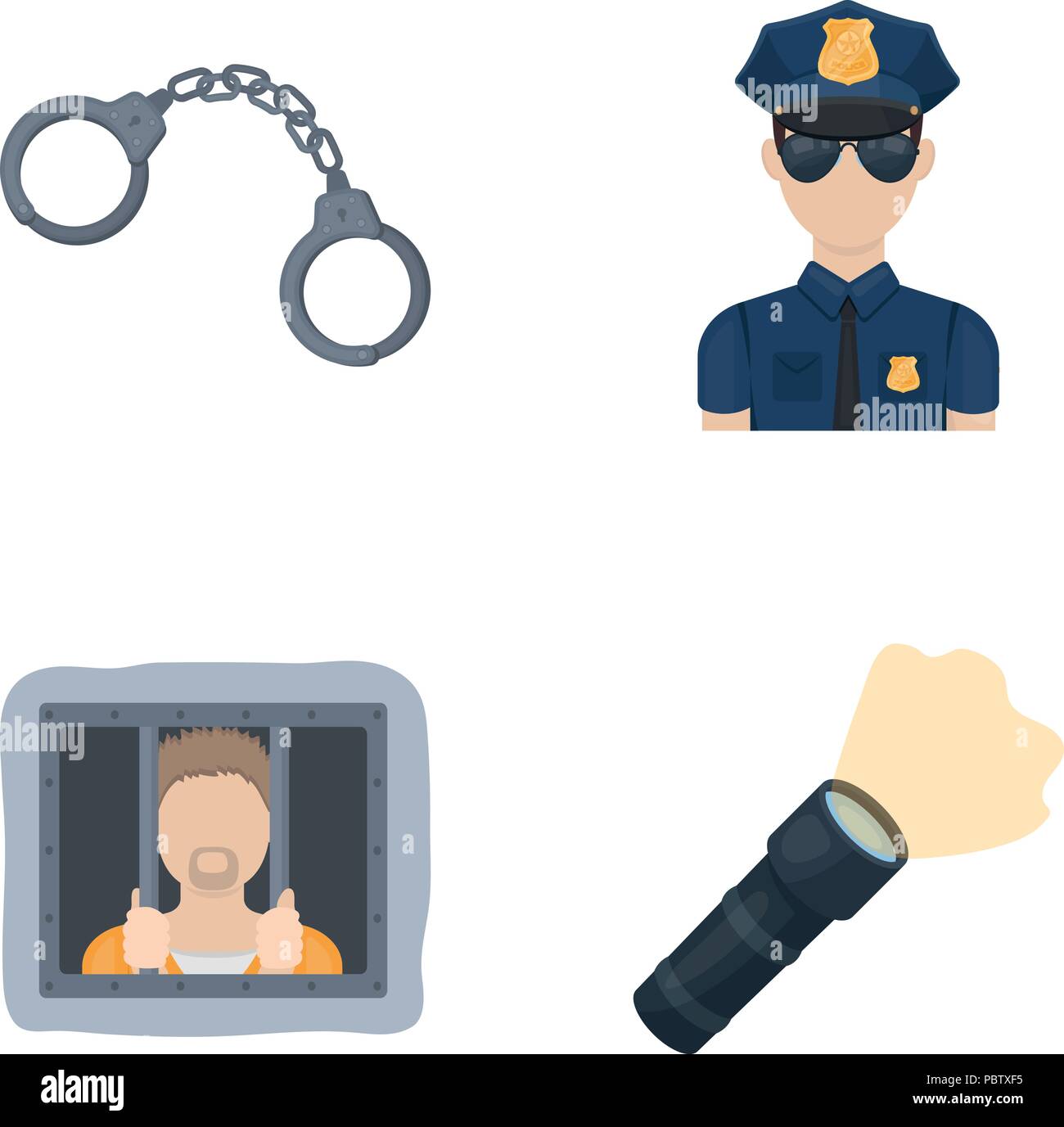 Handcuffs, policeman, prisoner, flashlight.Police set collection icons in cartoon style vector symbol stock illustration . Stock Vector