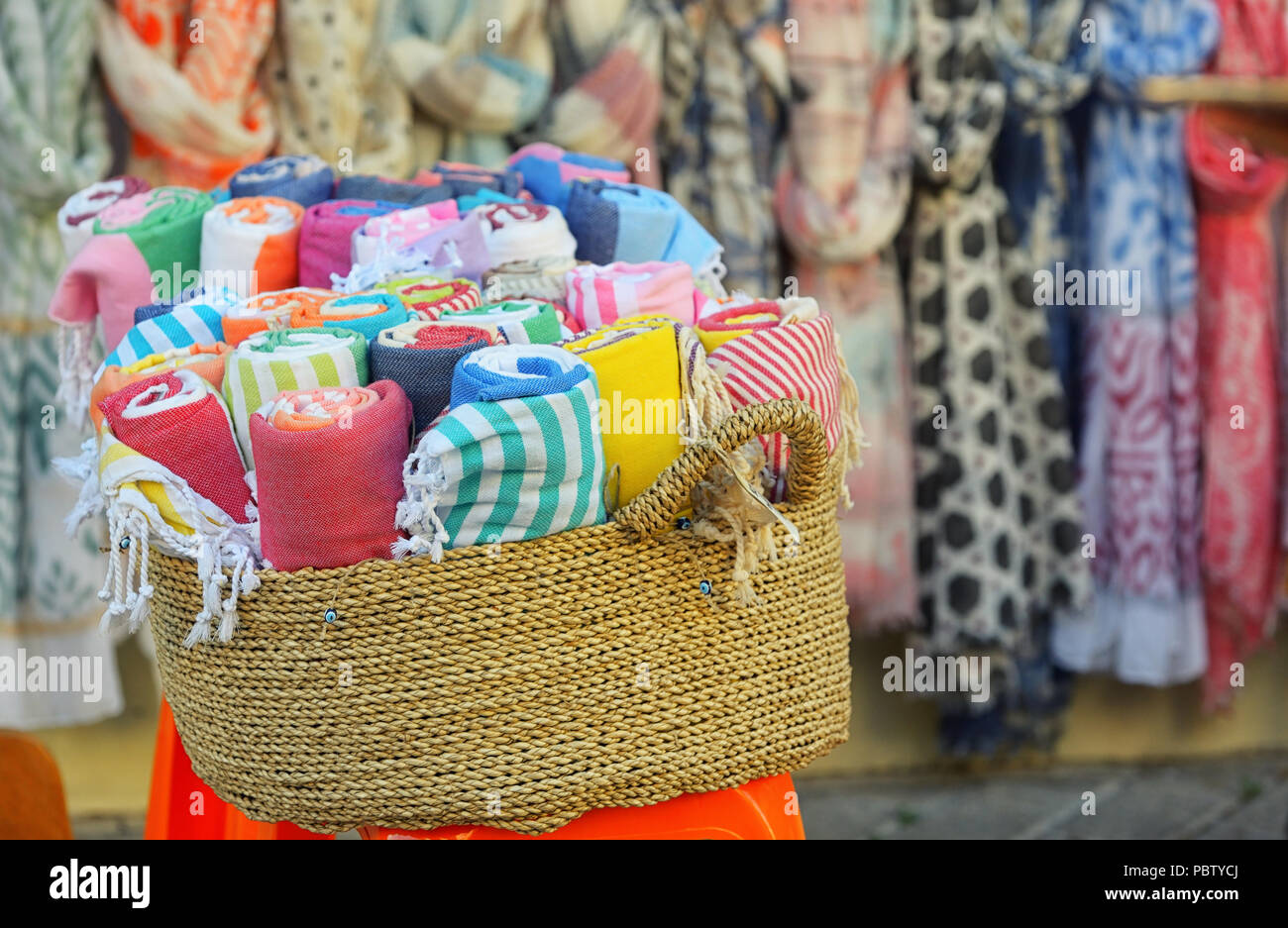 Beach towels displayed in a souvenir shop in Greece Stock Photo - Alamy