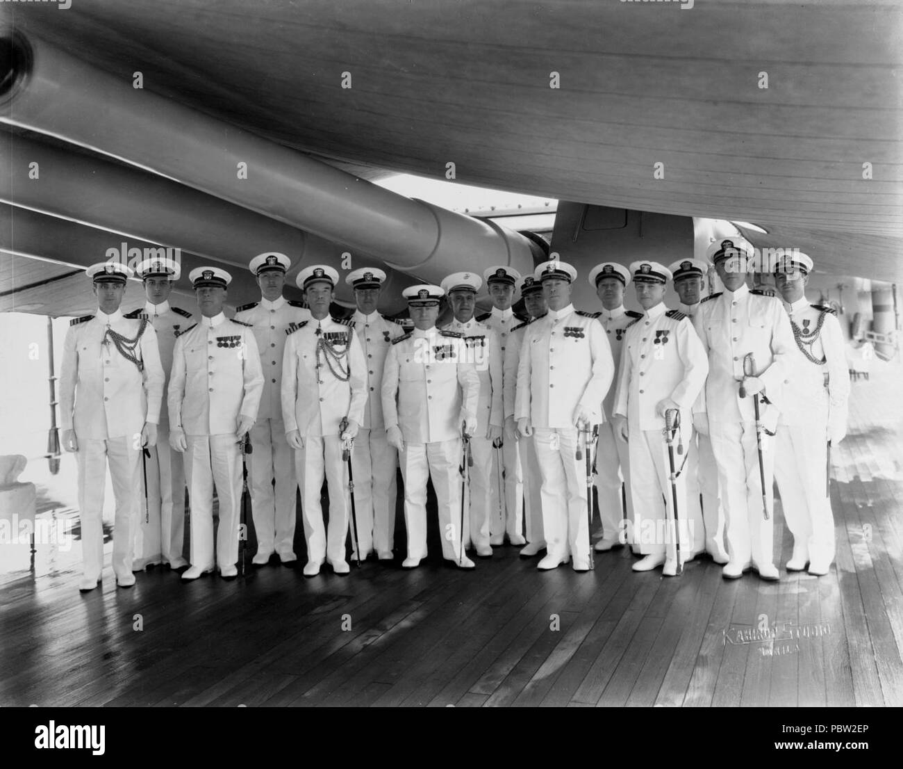 Admiral Frank B. Upham with his staff on board USS Augusta (CA-31) at Manila, circa January 1935 (NH 86636). Stock Photo