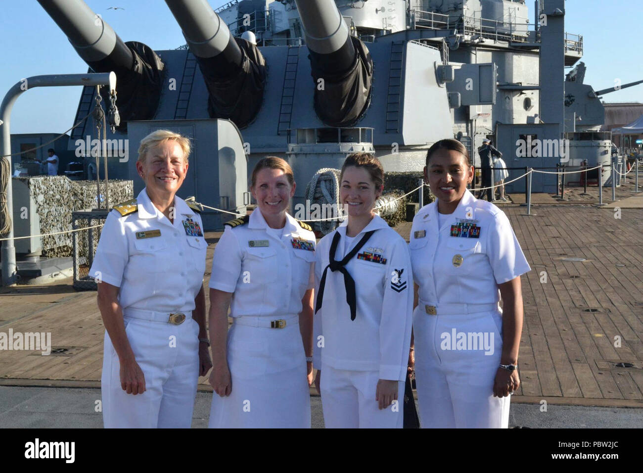 Admiral Nora Tyson with the XO and CMDCM of USS Wayne E. Meyer, 2016. Stock Photo