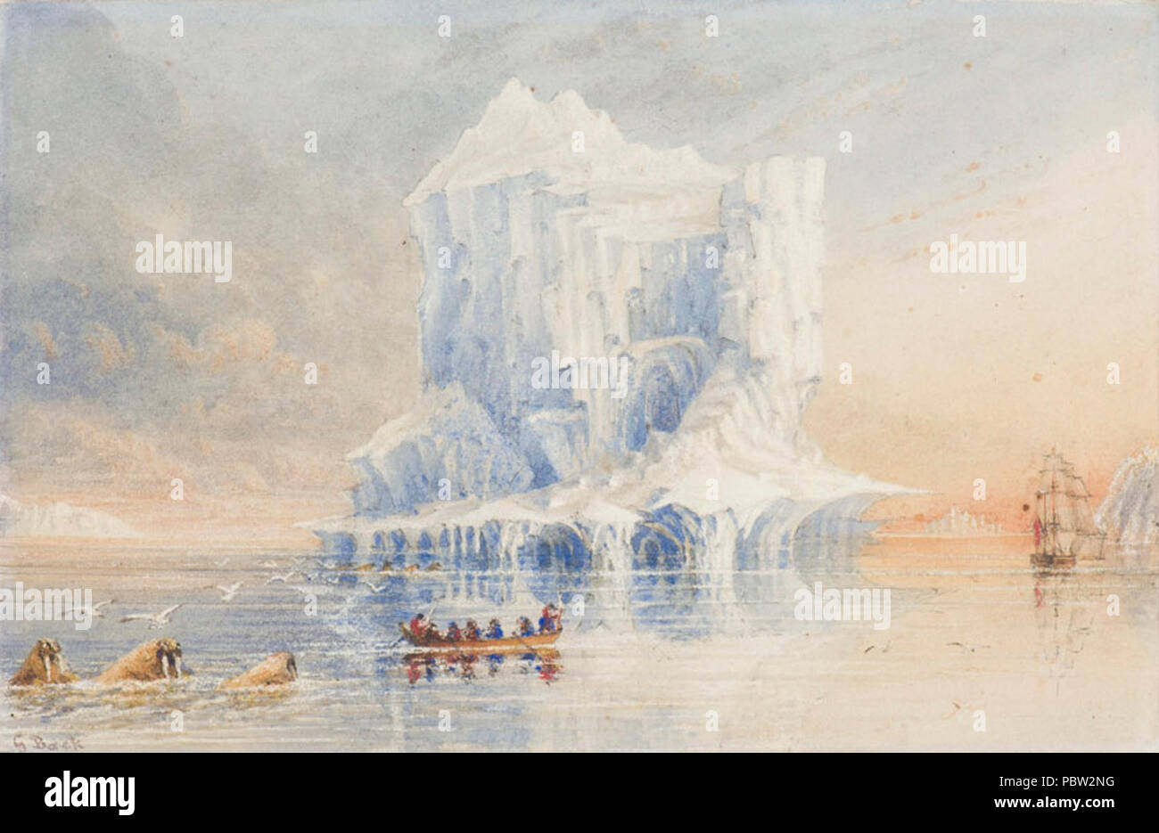 Admiral Sir George Back shows HMS Terror anchored near a cathedral-like iceberg in the waters around Baffin Island (cropped). Stock Photo